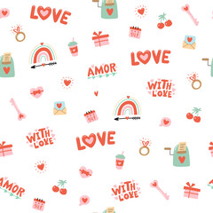 Seamless pattern for Valentine's Day with heart and other elements on a white background. Valentine's day, wedding and love concept. Vector illustrations