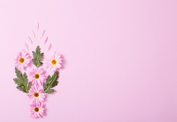Obraz na płótnie Canvas chrysanthemums flowers on pink paper background