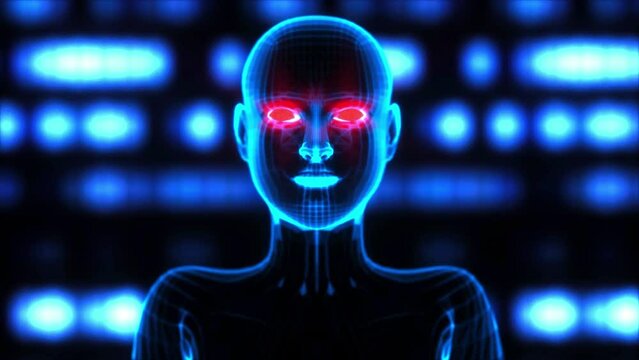 artificial intelligence in the form of a digital wireframe head (3d rendering)
