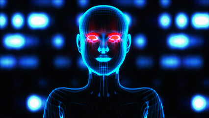 artificial intelligence in the form of a digital wireframe head (3d rendering)