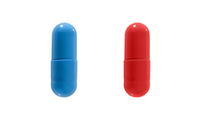 Close up of Red and Blue pills isolated on white background. Clipping path.