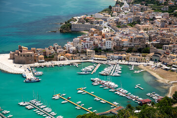 Scenic view from above with the marina and the beaches of Castellammare del Golfo, Trapani province, Sicily