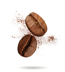 Aromatic ground coffee and beans falling on white background