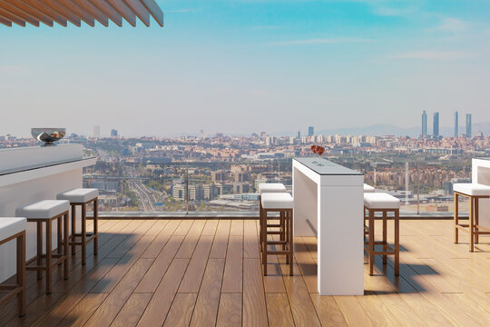 3D illustration of a sunny rooftop bar with city view