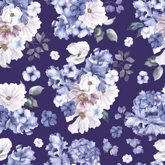 Watercolor seamless pattern with flowers on very peri color, isolated on colored background.