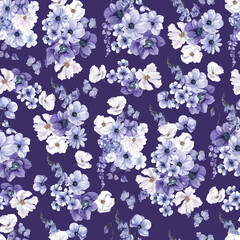 Obraz premium Watercolor seamless pattern with flowers on very peri color, isolated on colored background.