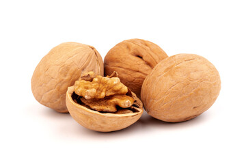 Walnuts in shells isolated on white background. Package design element with clipping path.