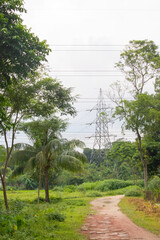 Electricity High voltage Line deliver electricity over long distances. Electric power transmission. Overhead power line. electric power transmission and distribution to transmit electrical energy.