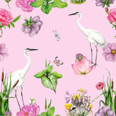 Hand drawn seamless floral pattern with animals