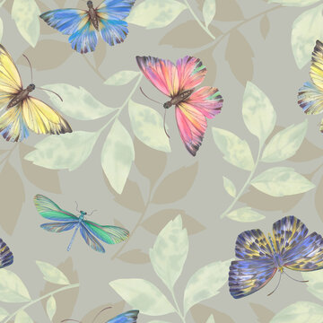 Abstract branches prints with leaves and butterflies repeating seamless pattern. Digital hand drawn picture with watercolor texture. endless motif for textile decor, wallpaper, packaging and design