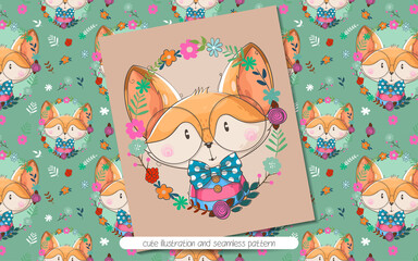 cute fox with flowers illustration and seamless pattern