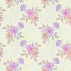 Fototapeta na wymiar Watercolor flower prints with leaves repeating seamless pattern. Digital hand-drawn picture of flowers with a watercolor texture. endless motif for textile decor, wallpaper, packaging and design