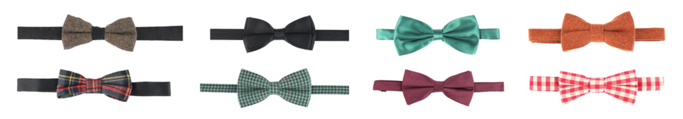 Set with different stylish bow ties on white background. Banner design