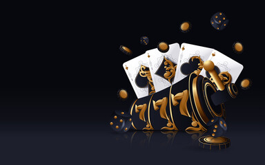 Gold Casino Slot, Poker Cards, Poker Chips And Dices On The Golden Background