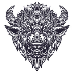 Hand drawn doodle zentangle bison head illustration © villa-rorozoa