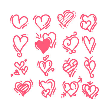 Hand drawn scribble hearts. painted heart shaped elements for valentines day greeting card. doodle red love hearts icons set. collection on romantic symbols on white background