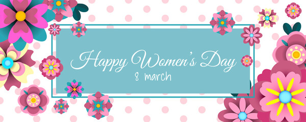 Happy Women's Day. Advertising banner with paper flowers to include text messages or sales