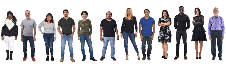 front view of people standing on white background