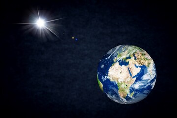 Star of jesus. Planet Earth on black background with bright star. Christmas Star of Jesus Christ.