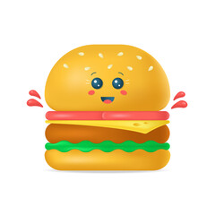 Cartoon 3d cute kawaii burger isolated on white background. Vector stock illustration. 