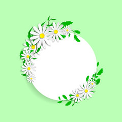 Round frame on light green background decorated with daisies to include messages, sales offers or advertisements
