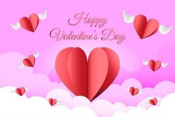 Elegant pink background of clouds and cut paper hearts with wings. Valentine's Day greeting card