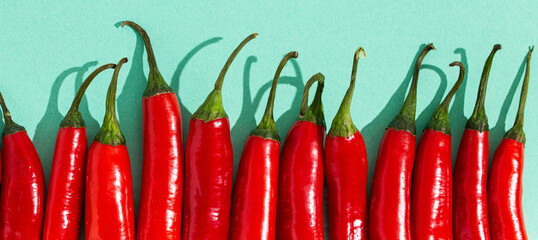 Red hot chilli peppers on minimal red background close up macro flat lay from above composition, simple clean food background with chilli peppers space for text
