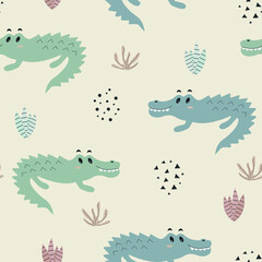 Cute hand drawn crocodiles seamless pattern. Cartoon animals are a funny children background. Creative baby print in Scandinavian style. Vector illustration of the jungle.