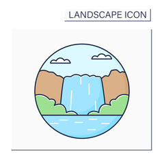 Cascade color icon. Small waterfall. Falls descending over a steep, rocky surface.Landscape concept.Isolated vector illustration