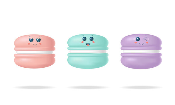 Set of 3d cute soft macaroon cookies with face emotions isolated on white background. Vector stock illustration. 
