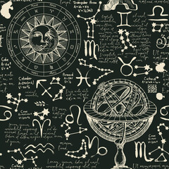 Hand-drawn seamless pattern on the theme of horoscopes and zodiacs. Retro-style vector background with astrological signs, Lorem ipsum handwritten text, sun, moon, stars and constellations on a black