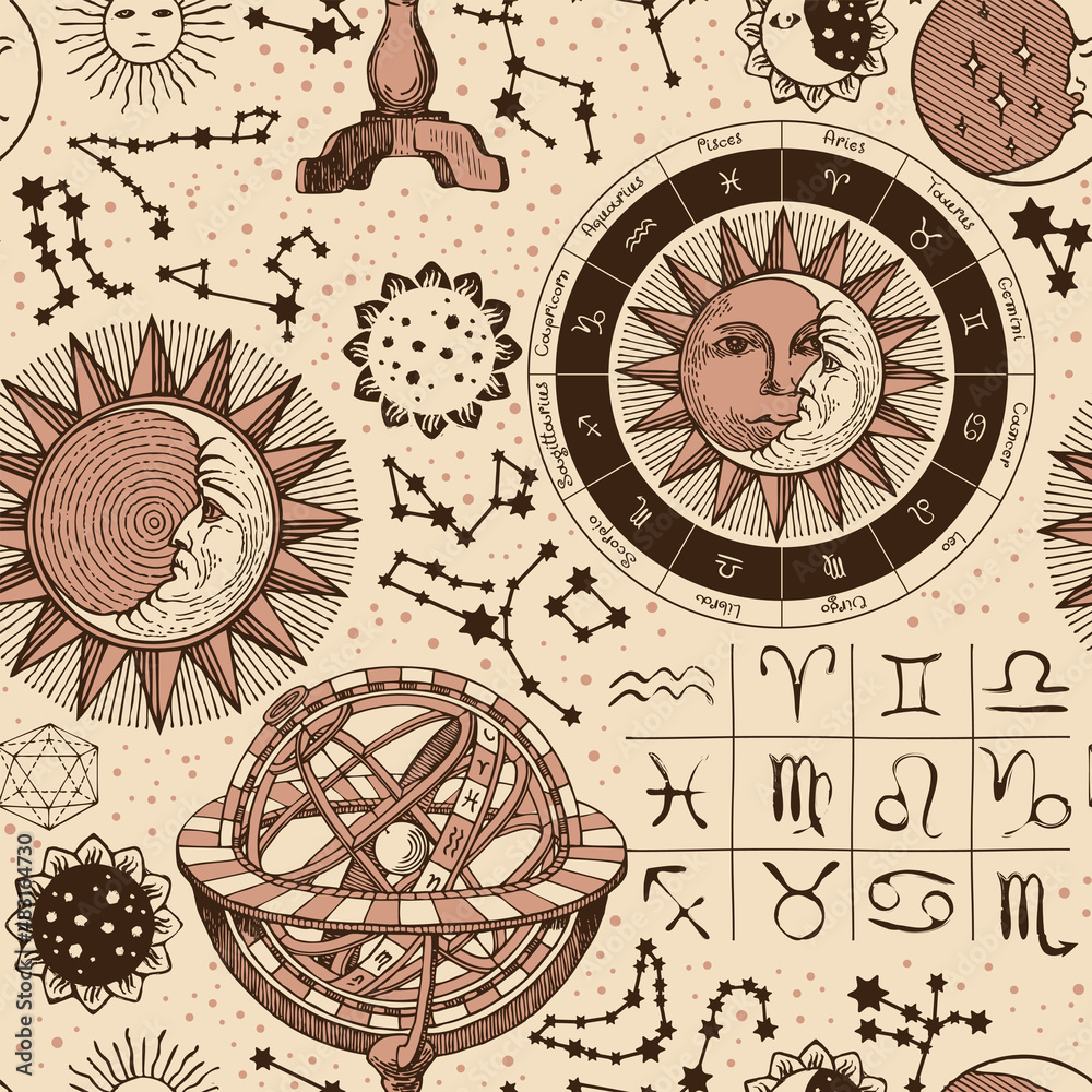 Wall mural seamless pattern on the theme of horoscopes and zodiacs in vintage style. hand-drawn vector backgrou