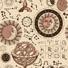 Seamless pattern on the theme of horoscopes and zodiacs in vintage style. Hand-drawn vector background with sun, moon, stars, constellations and astrological signs on an old paper backdrop - obrazy, fototapety, plakaty