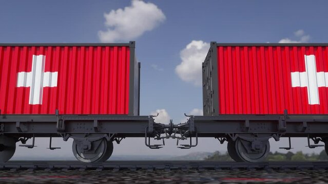 Containers with the flag of Switzerland. Railway transportation
