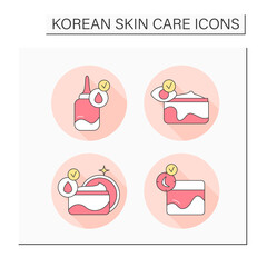 Skincare cosmetics color icons set. Serum, eye cream, day and night cream for moisture skin. Concept of cleansing, anti-age protection and beauty routine.Isolated vector illustrations