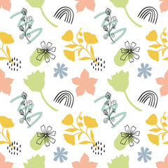 Geometric and floral art seamless pattern on white background. Vector botanical art with beautyful flowers and leaves.