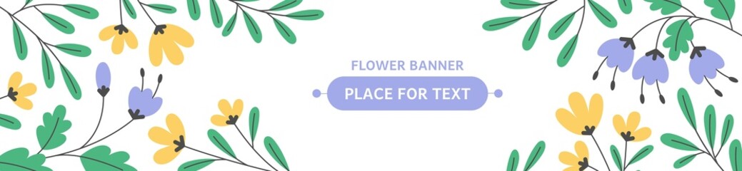 Horizontal flower sign with bluebells. Flat style template for shop, spring and summer promotions, wedding - obrazy, fototapety, plakaty