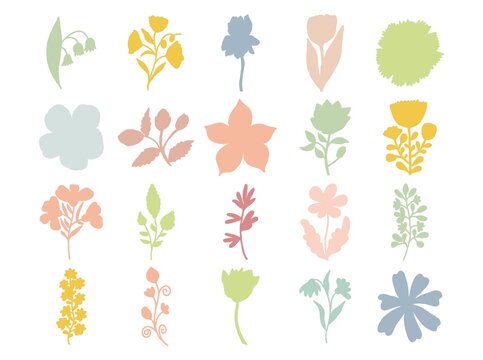 Pastel colors floral silhouette art on white background. Vector botanical clipart. Beautyful flowers and leaves set for invitations and cards design.