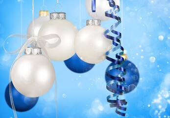 Merry Christmas and Happy Holidays greeting card, frame. Christmas ornaments