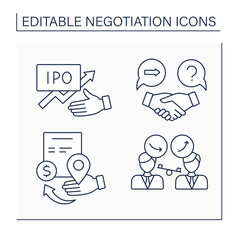 Negotiation line icons set. Initial offer, counter-offer, starting point, lowball and highball. Business concept. Isolated vector illustrations. Editable stroke