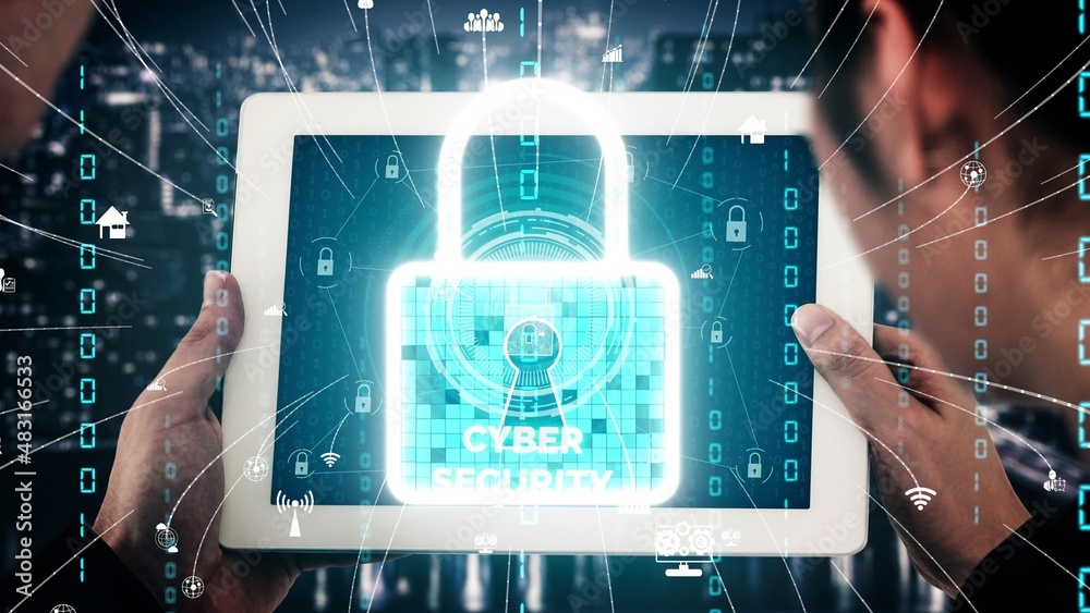 Poster cyber security encryption technology to protect data privacy conceptual . 3d render computer graphic