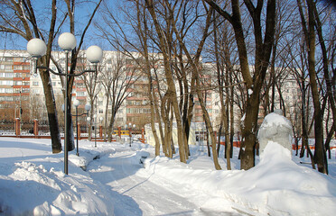 Novokuibyshevsk, Russia-January,18,2008: winter path in the park, maintenance of the park territory.