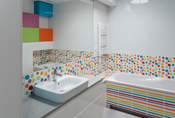 Bathroom child with bathroom sink with colorful tiles and cabinets. Interior with bath and tile with different color.