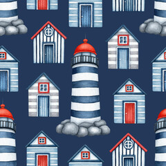 Watercolor Nautical seamless pattern. Hand drawn Lighthouse and striped Beach Houses. Sea, Ocean Coast, Vacation, Travel theme. Bright Maritime background for nursery print, fabric, textile, paper