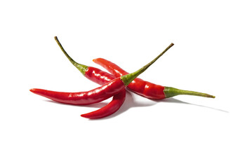 Three chilli peppers on white isolated background.Spicy food background for design.
