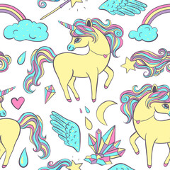 Cute seamless childish pattern with unicorns, moon, crystals. Perfect texture for fabric, wrapping paper, textile, wallpaper, apparel and other. Vector illustration EPS10