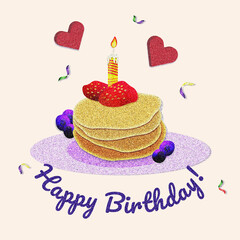 Card birthday cake with candles. Sweet illustration with hearts and berries, strawberry, blueberry. Vector text happy birthday!