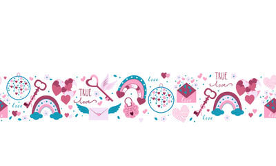 Seamless border of valentine's day symbols on white background. Valentines day flat icons in pink colors. Symbols of love - heart, arrow, valentine, gift, flower, key, lock, message, rainbow, potion.