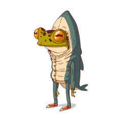 A frog dressed as a shark, isolated vector illustration. Standing humanized frog in a shark costume. Calm anthropomorphic frog, wearing a shark pajama. An animal character with a human body.