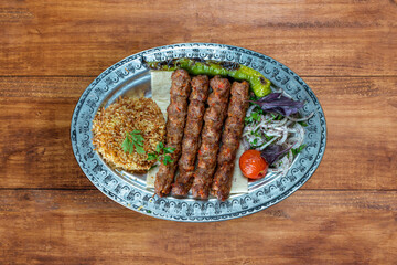 Turkish style kebab. Traditional Turkish Food Adana Kebab. Urfa, Mardin Kebap. Middle eastern food. 
